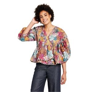 KIKA VARGAS Top Women’s Size Large Anemone Rainbow Floral Balloon Sleeve Wrap